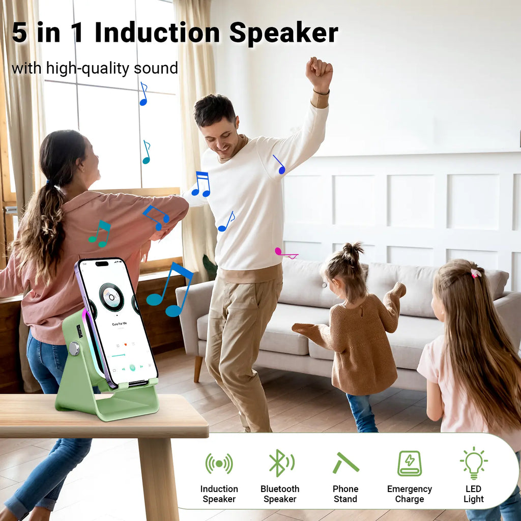 PUTARE Wireless Induction Audio Speaker Stand, 5In1 Cellphone Holder, 3500Mah Rechargeable Emergency Power Bank,360° Adjustable Mobile Tablet Stand with Colorful Ambient Light Gifts for Men Women Fathersdaygift Summerwins