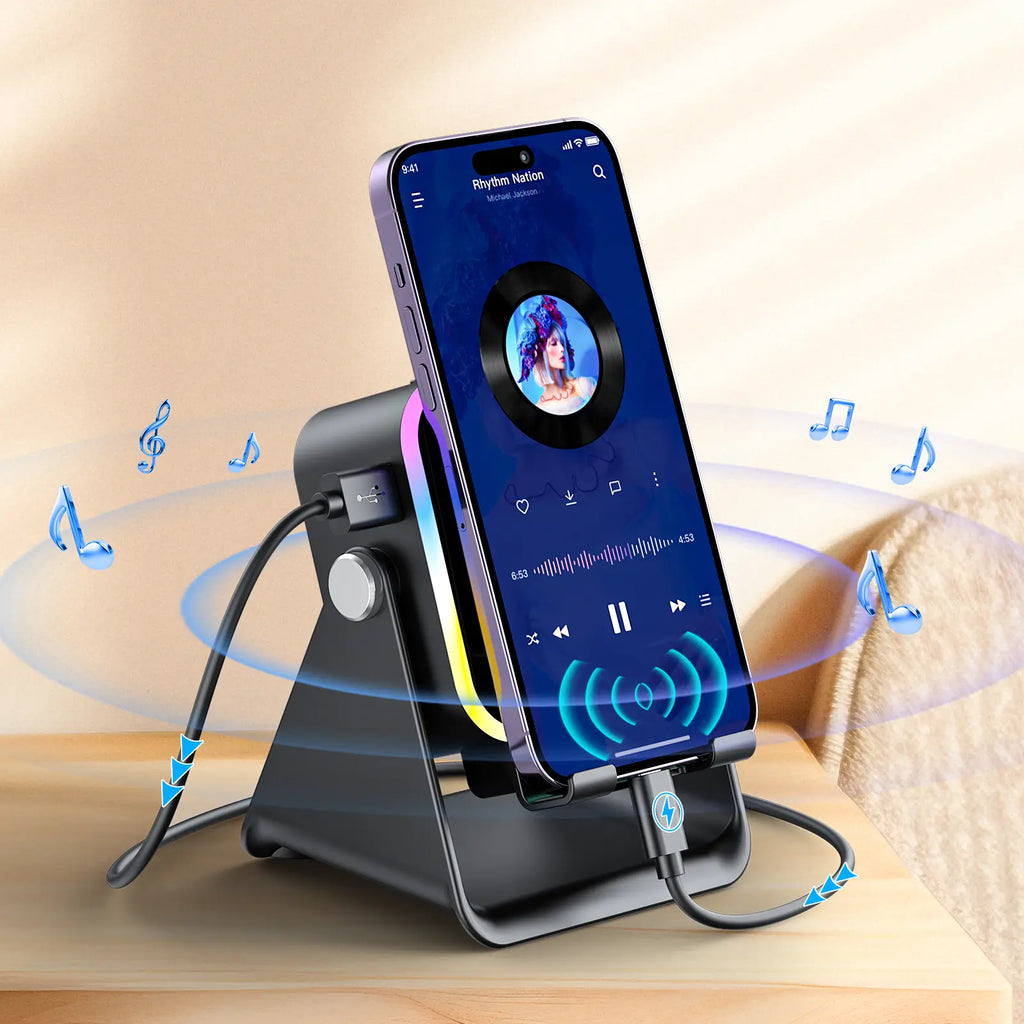 PUTARE Wireless Induction Audio Speaker Stand, 5In1 Cellphone Holder, 3500Mah Rechargeable Emergency Power Bank,360° Adjustable Mobile Tablet Stand with Colorful Ambient Light Gifts for Men Women Fathersdaygift Summerwins