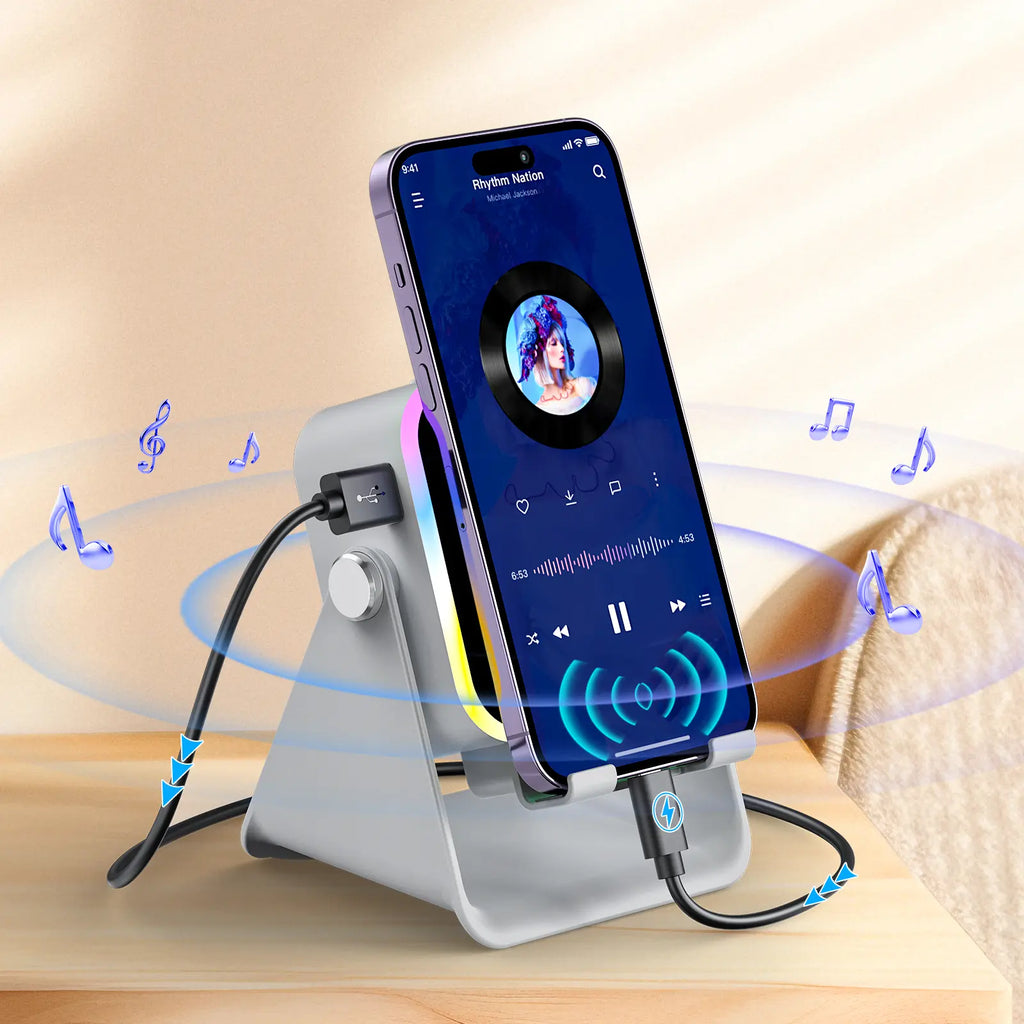 PUTARE Wireless Induction Audio Speaker Stand, 5In1 Cellphone Holder, 3500Mah Rechargeable Emergency Power Bank,360° Adjustable Mobile Tablet Stand with Colorful Ambient Light Gifts for Men Women Fathersdaygift Summerwins