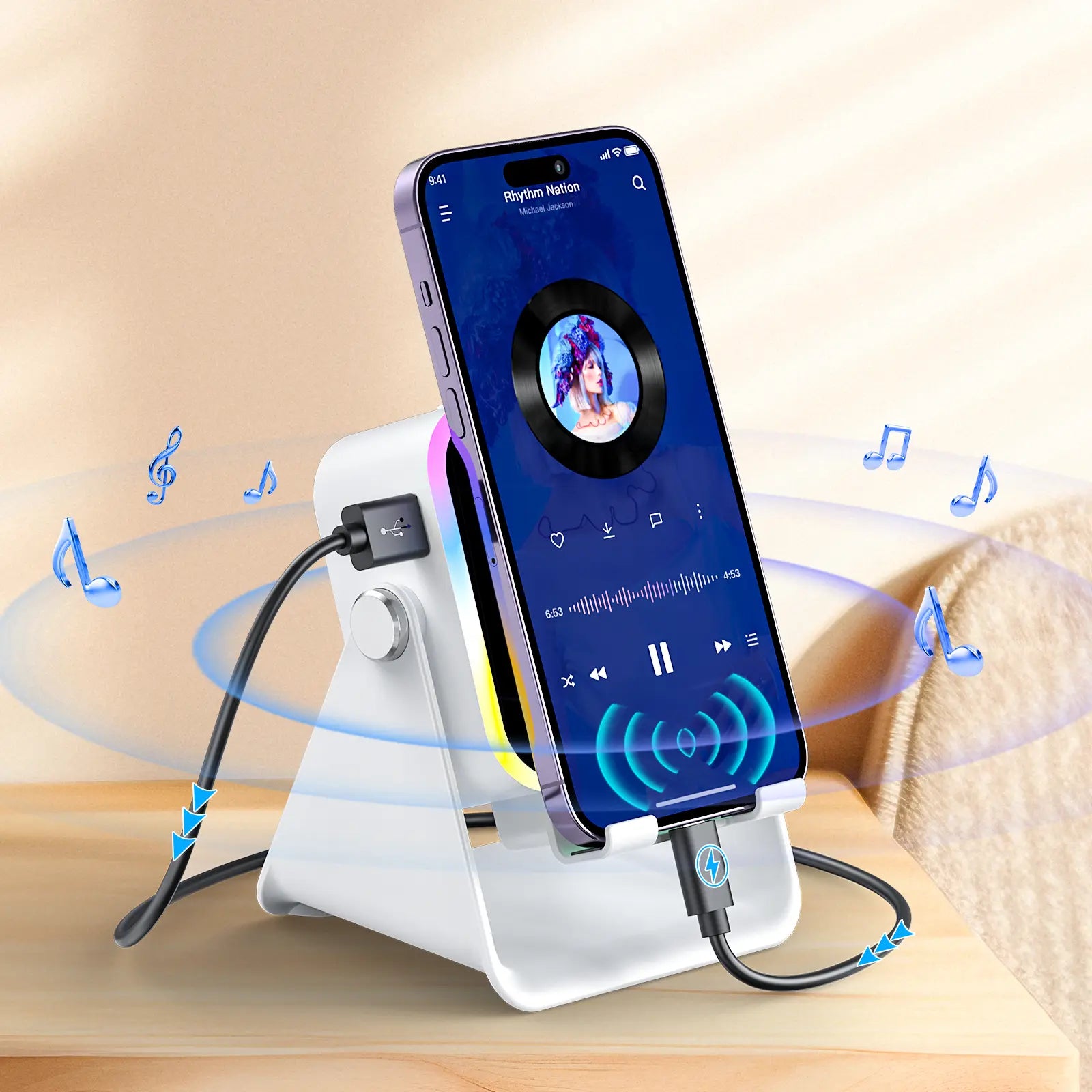 PUTARE Wireless Induction Audio Speaker Stand, 5In1 Cellphone Holder, 3500Mah Rechargeable Emergency Power Bank,360° Adjustable Mobile Tablet Stand with Colorful Ambient Light Gifts for Men Women Fathersdaygift Summerwins