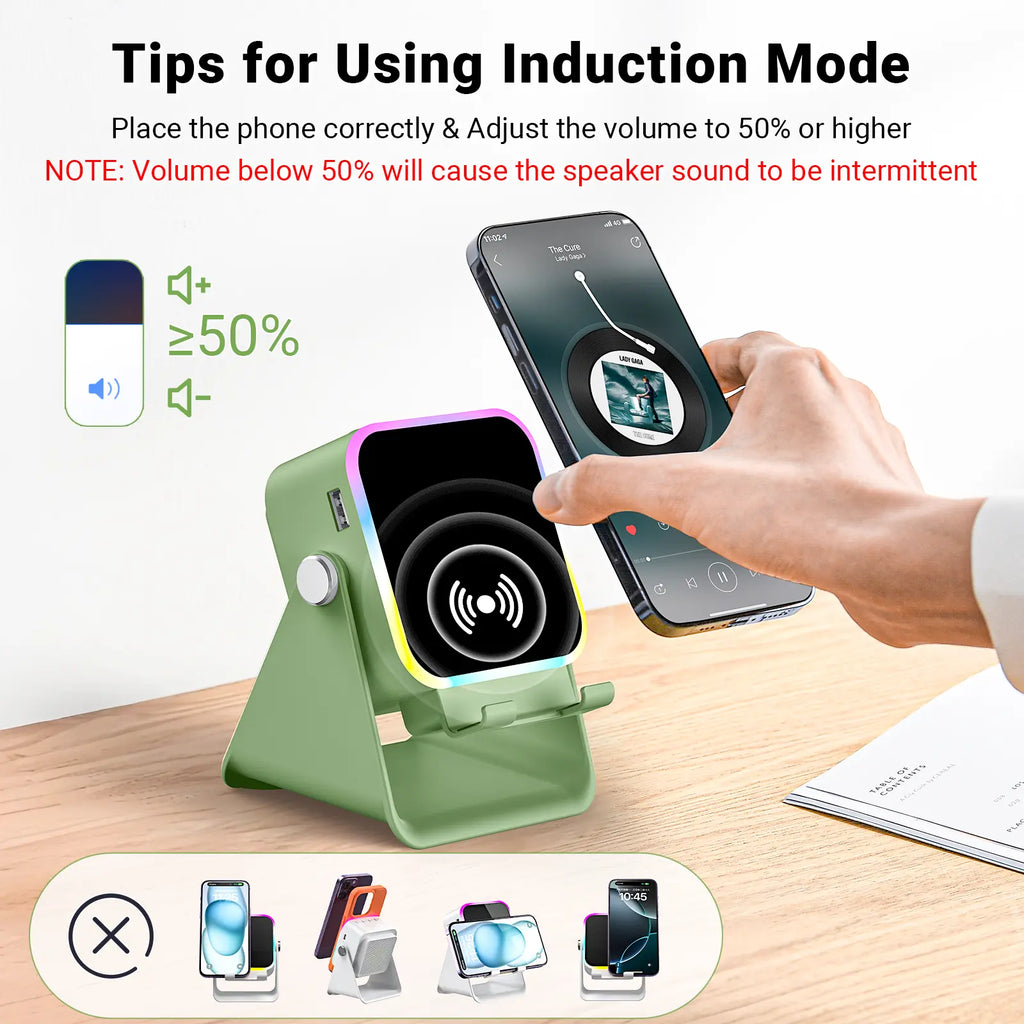 PUTARE Wireless Induction Audio Speaker Stand, 5In1 Cellphone Holder, 3500Mah Rechargeable Emergency Power Bank,360° Adjustable Mobile Tablet Stand with Colorful Ambient Light Gifts for Men Women Fathersdaygift Summerwins