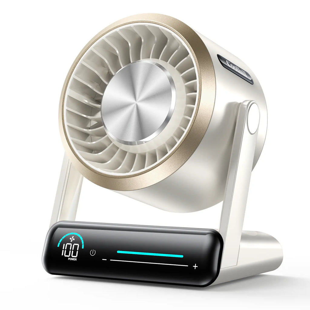 Coolhill Desktop Fan Turbo Table Fan Travel Vacation Essentials for Office 100-Speed Digital Display Low Noise Rechargeable Battery Dual Adjustment Modes Quiet Cooling Quiet Desk Fan Portable