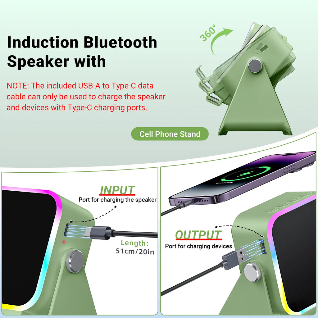 PUTARE Wireless Induction Audio Speaker Stand, 5In1 Cellphone Holder, 3500Mah Rechargeable Emergency Power Bank,360° Adjustable Mobile Tablet Stand with Colorful Ambient Light Gifts for Men Women Fathersdaygift Summerwins
