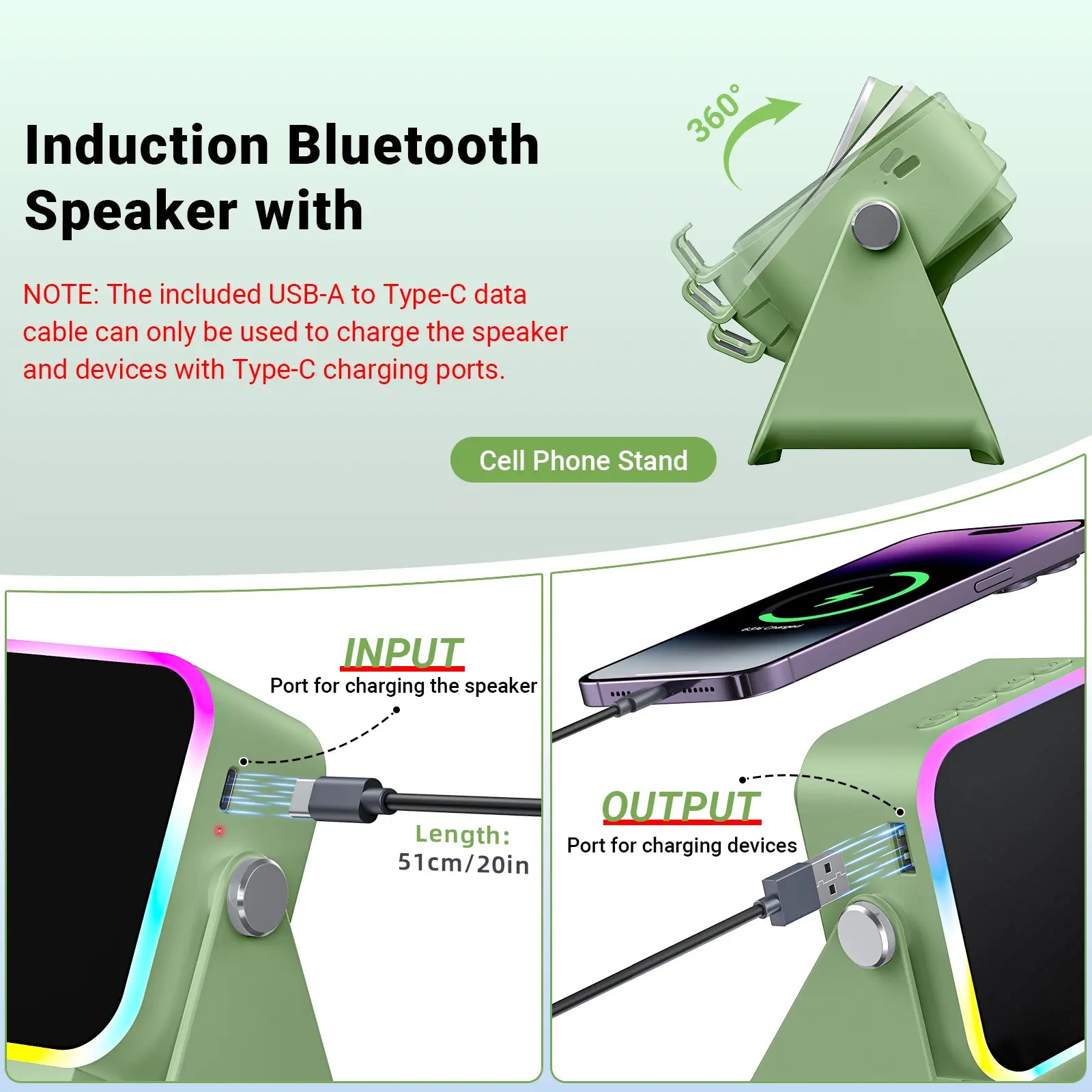 PUTARE Wireless Induction Audio Speaker Stand, 5In1 Cellphone Holder, 3500Mah Rechargeable Emergency Power Bank,360° Adjustable Mobile Tablet Stand with Colorful Ambient Light Gifts for Men Women Fathersdaygift Summerwins