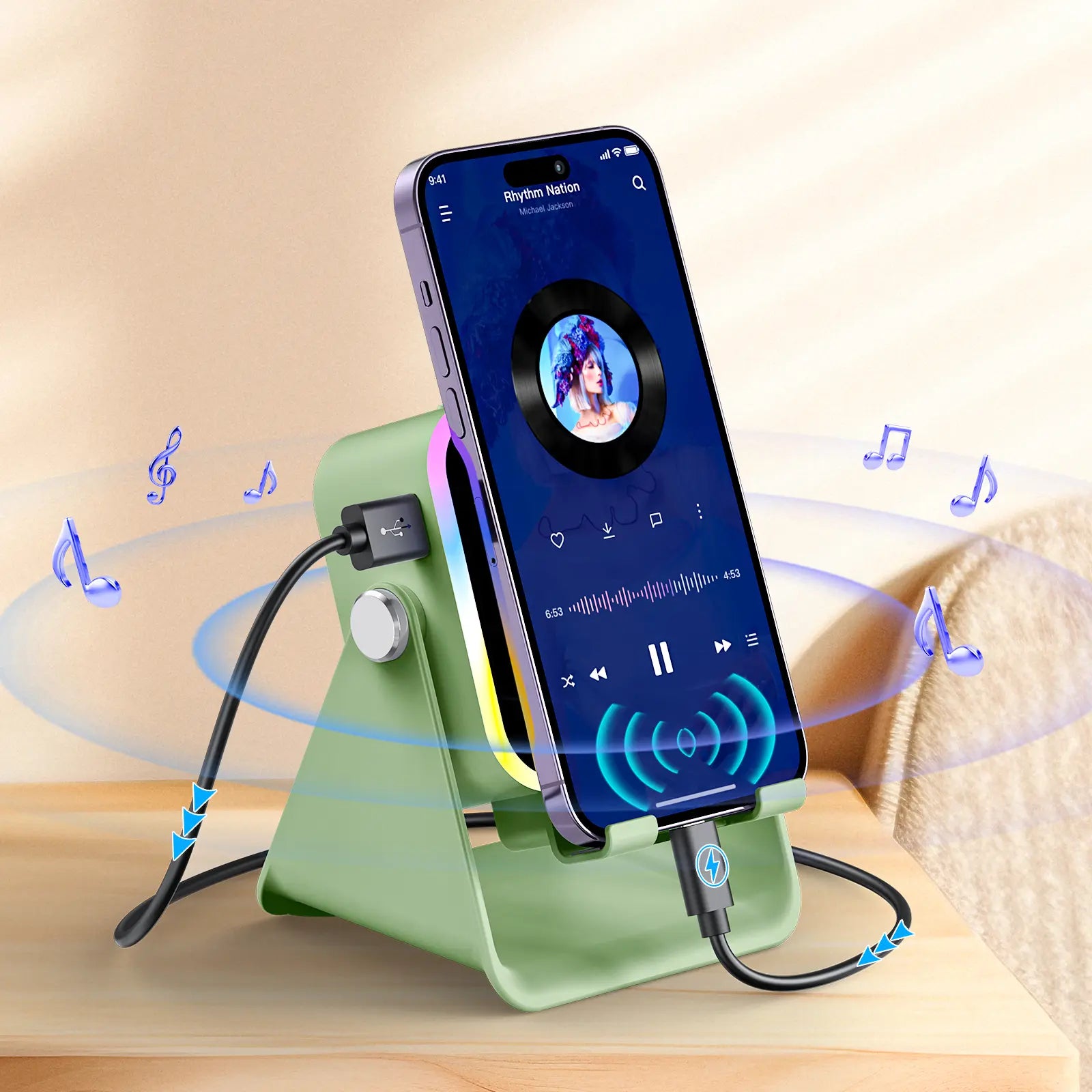 PUTARE Wireless Induction Audio Speaker Stand, 5In1 Cellphone Holder, 3500Mah Rechargeable Emergency Power Bank,360° Adjustable Mobile Tablet Stand with Colorful Ambient Light Gifts for Men Women Fathersdaygift Summerwins